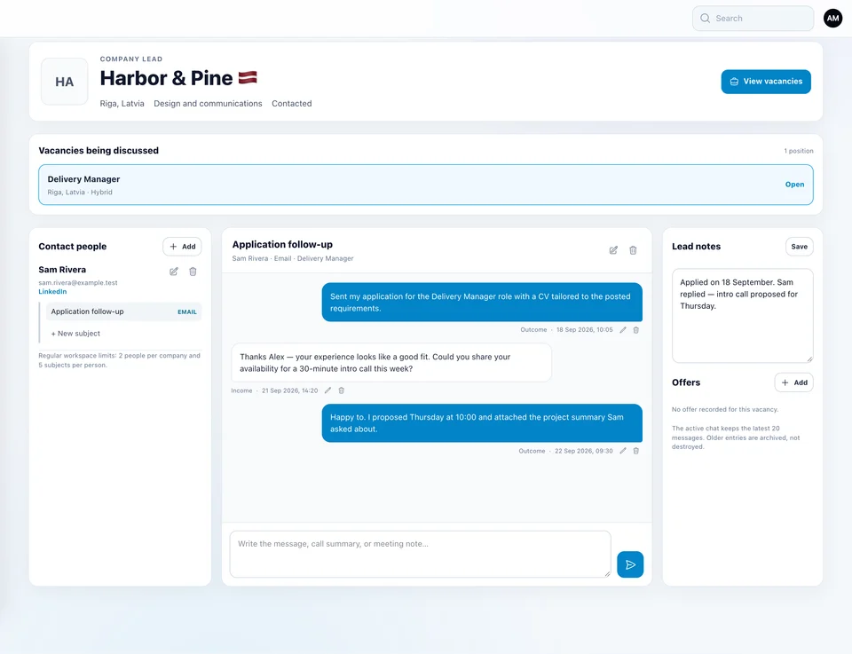 Jobsucher company workspace for the fictional Harbor & Pine: the contact Sam Rivera, the application follow-up conversation and the pipeline notes beside the saved vacancy.
