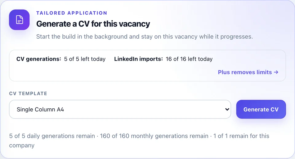 Jobsucher CV generator on the saved Project Manager vacancy, with the shipped Single Column A4 template selected for the fictional candidate Alex Morgan.