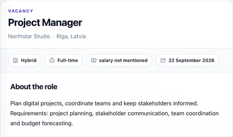 Jobsucher saved vacancy details for the fictional Project Manager opportunity.